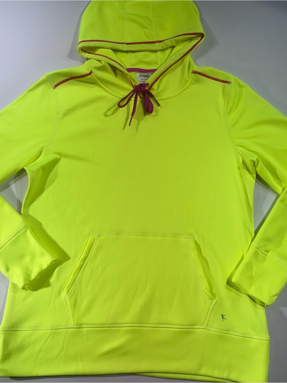 DANSKIN NOW Women's Dri More Neon Yellow Hoodie w/Cranberry Trim, Size L *READ*